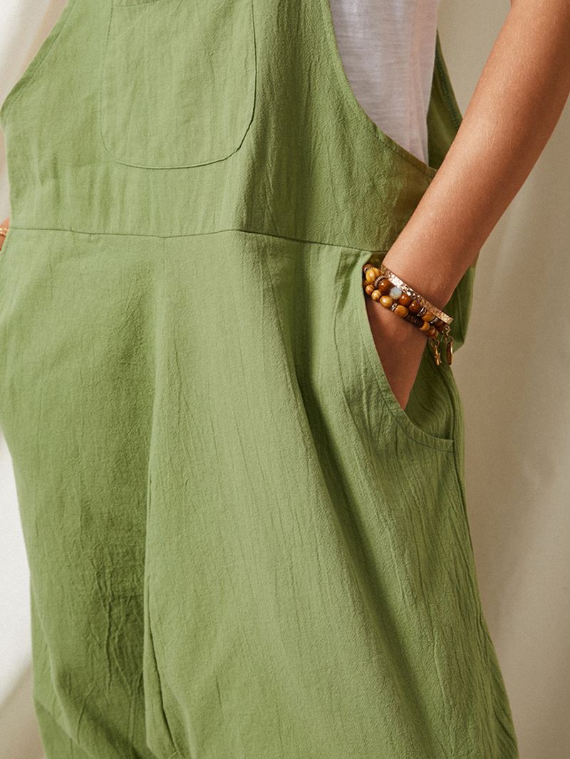 Ensfarvet Strop Knap Lomme Ærmeløs Løs Afslappet Harem Jumpsuit