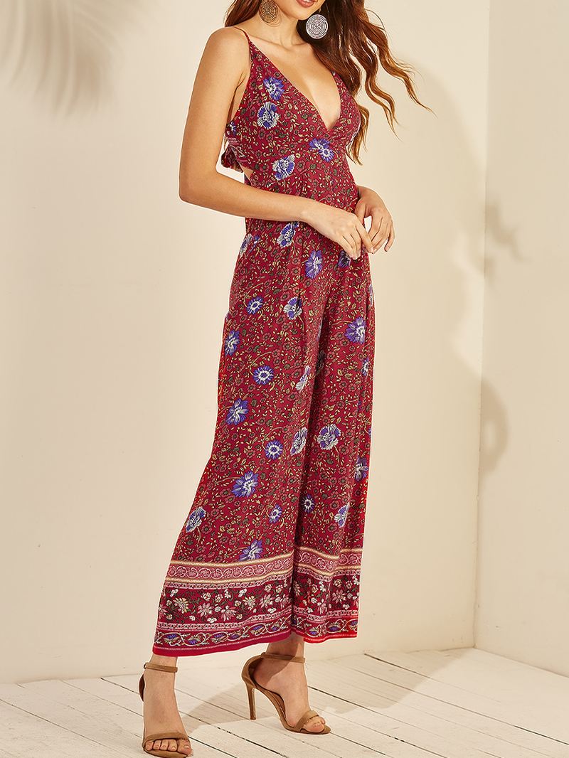 Kvinder Blomsterprint Etnisk Stil Ærmeløs V-hals Jumpsuit Med Brede Ben