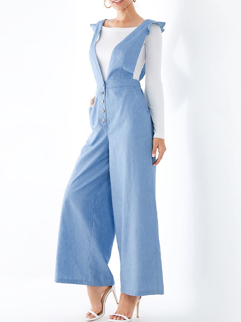 Kvinder Ensfarvet Almindelig V-hals Knaplomme Casual Tilbage Krydsende Jumpsuit