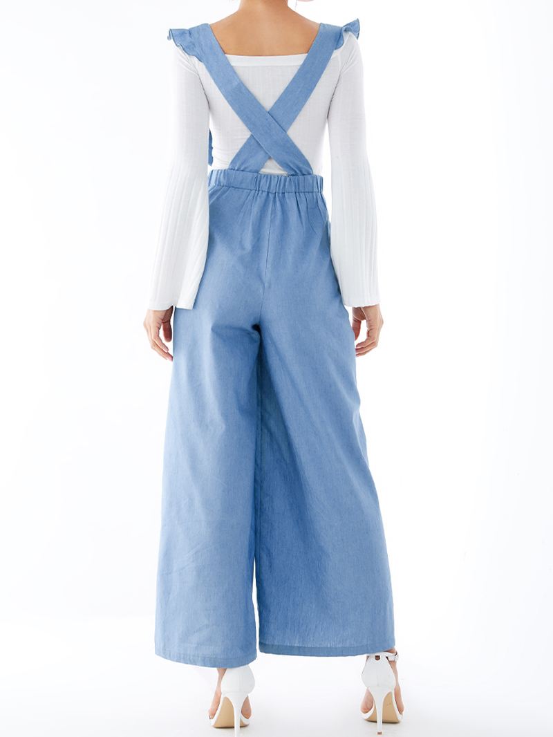 Kvinder Ensfarvet Almindelig V-hals Knaplomme Casual Tilbage Krydsende Jumpsuit