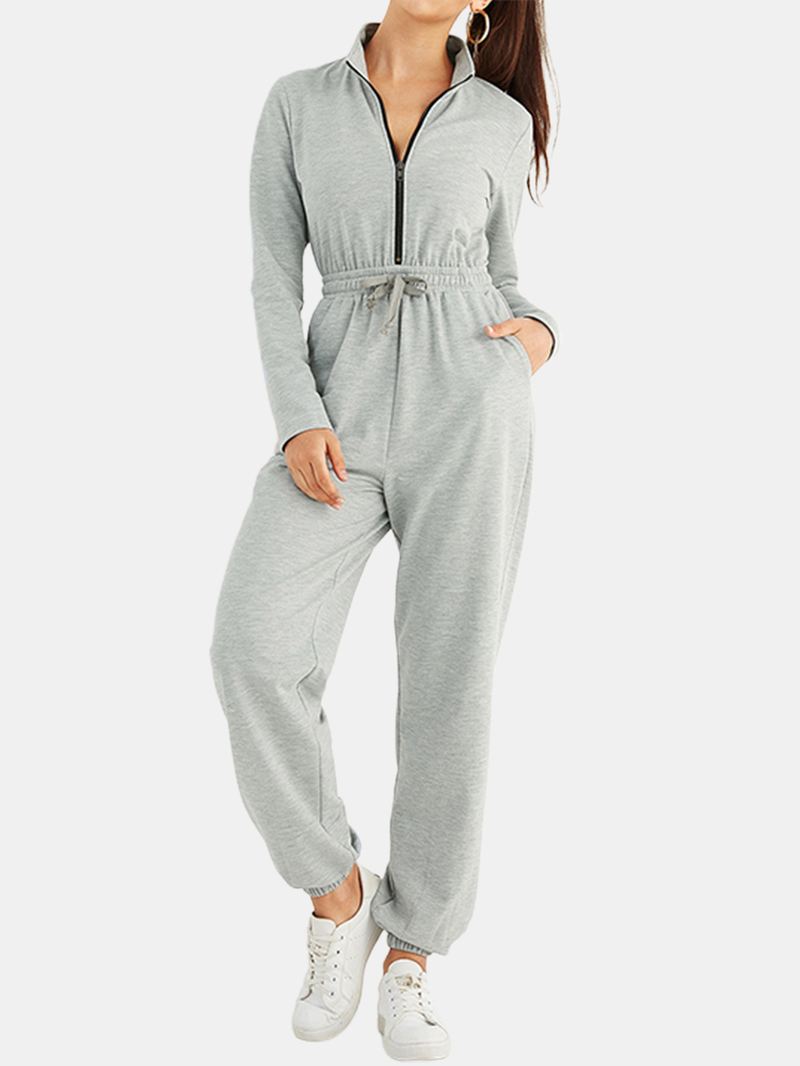 Kvinder Ensfarvet Lynlås Snøre Lomme Langærmet Sport Afslappet Jumpsuit
