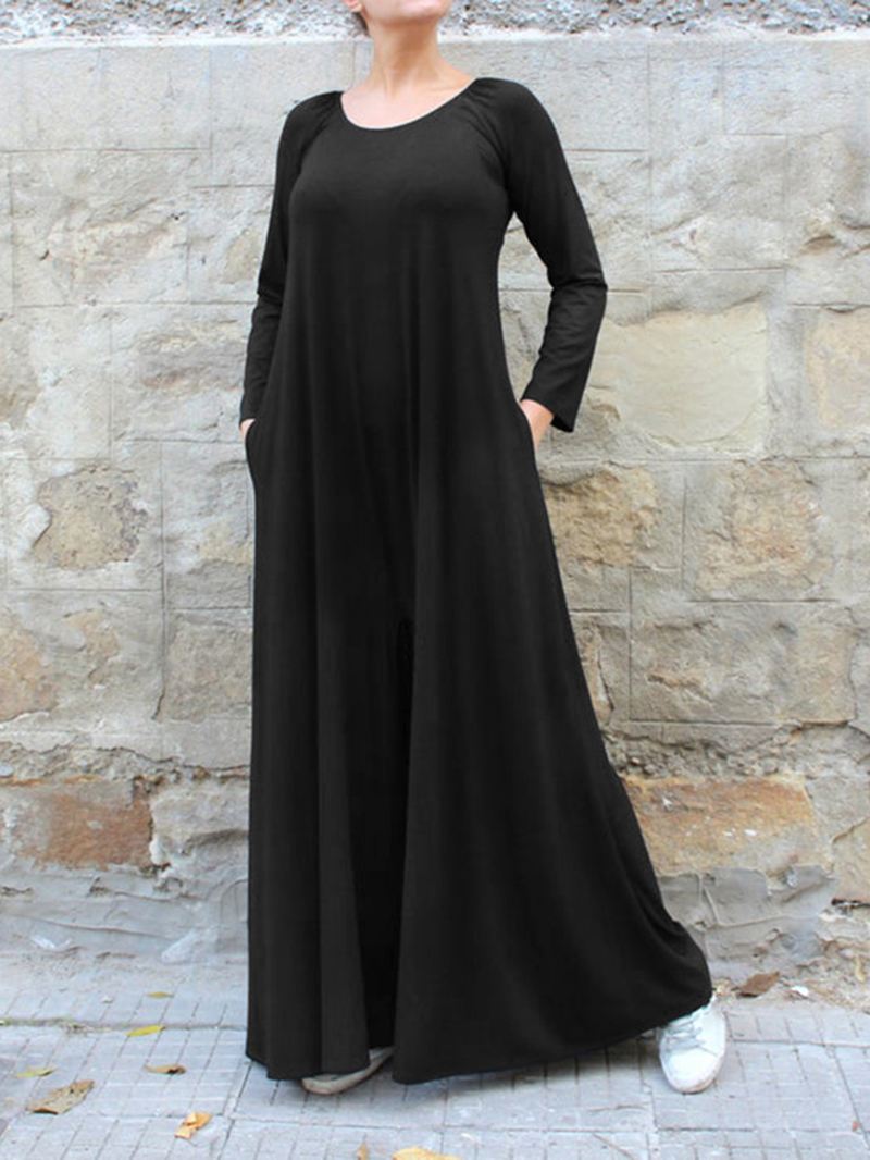 Kvinder Ensfarvet Rund Hals Langærmet Jumpsuit Med Brede Ben Med Sidelomme