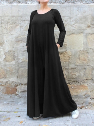 Kvinder Ensfarvet Rund Hals Langærmet Jumpsuit Med Brede Ben Med Sidelomme