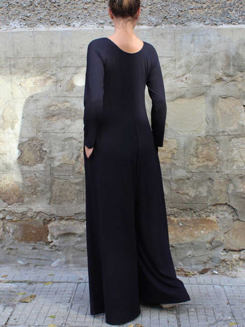 Kvinder Ensfarvet Rund Hals Langærmet Jumpsuit Med Brede Ben Med Sidelomme