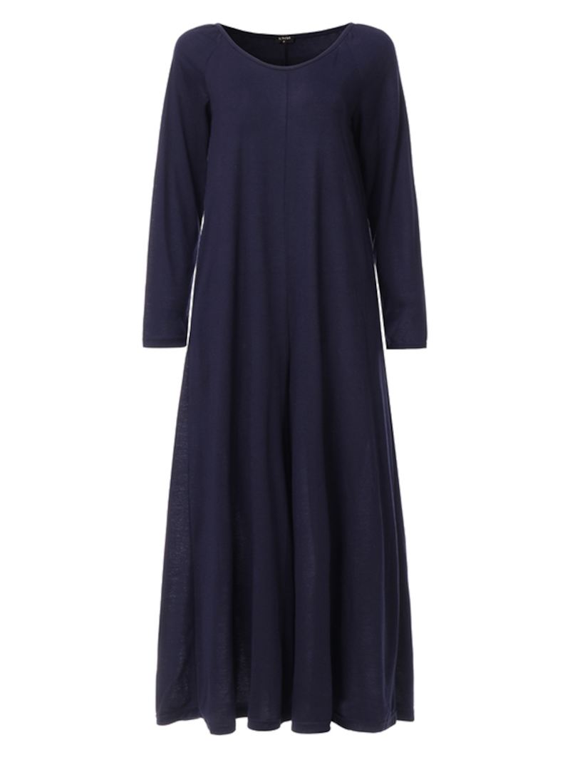 Kvinder Ensfarvet Rund Hals Langærmet Jumpsuit Med Brede Ben Med Sidelomme