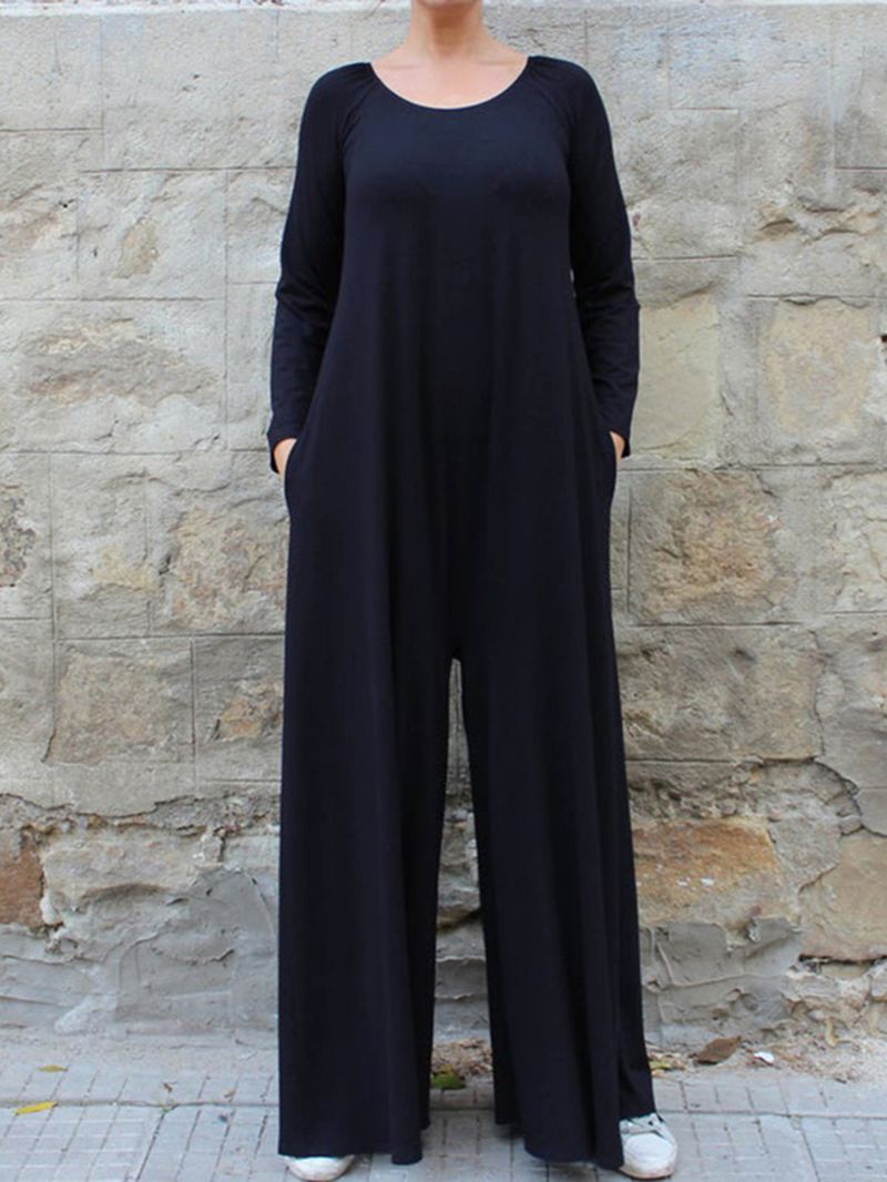 Kvinder Ensfarvet Rund Hals Langærmet Jumpsuit Med Brede Ben Med Sidelomme