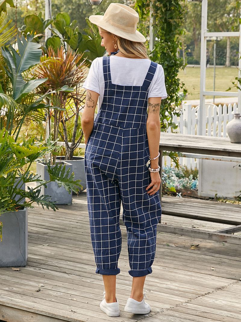 Kvinder Grid Justerbare Strappy Ærmeløse Casual Jumpsuits Med Flap Lomme