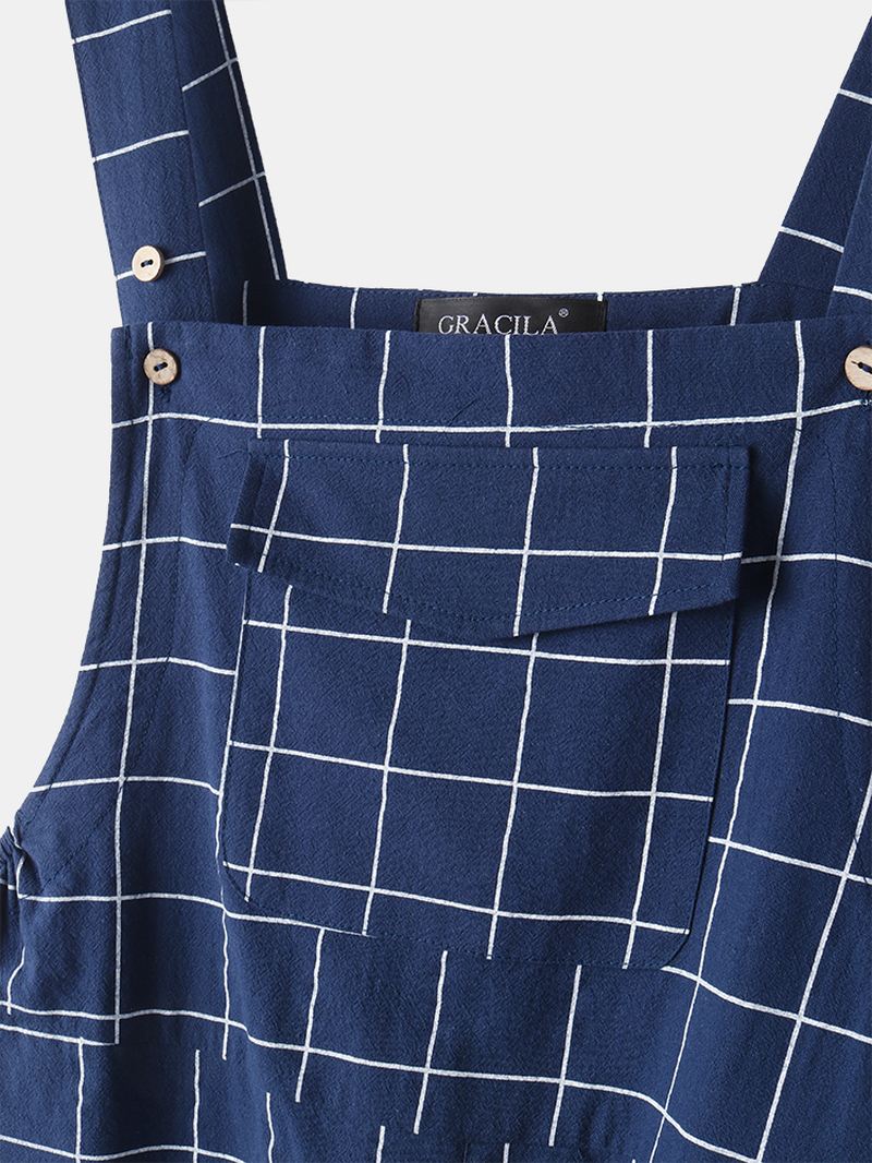 Kvinder Grid Justerbare Strappy Ærmeløse Casual Jumpsuits Med Flap Lomme