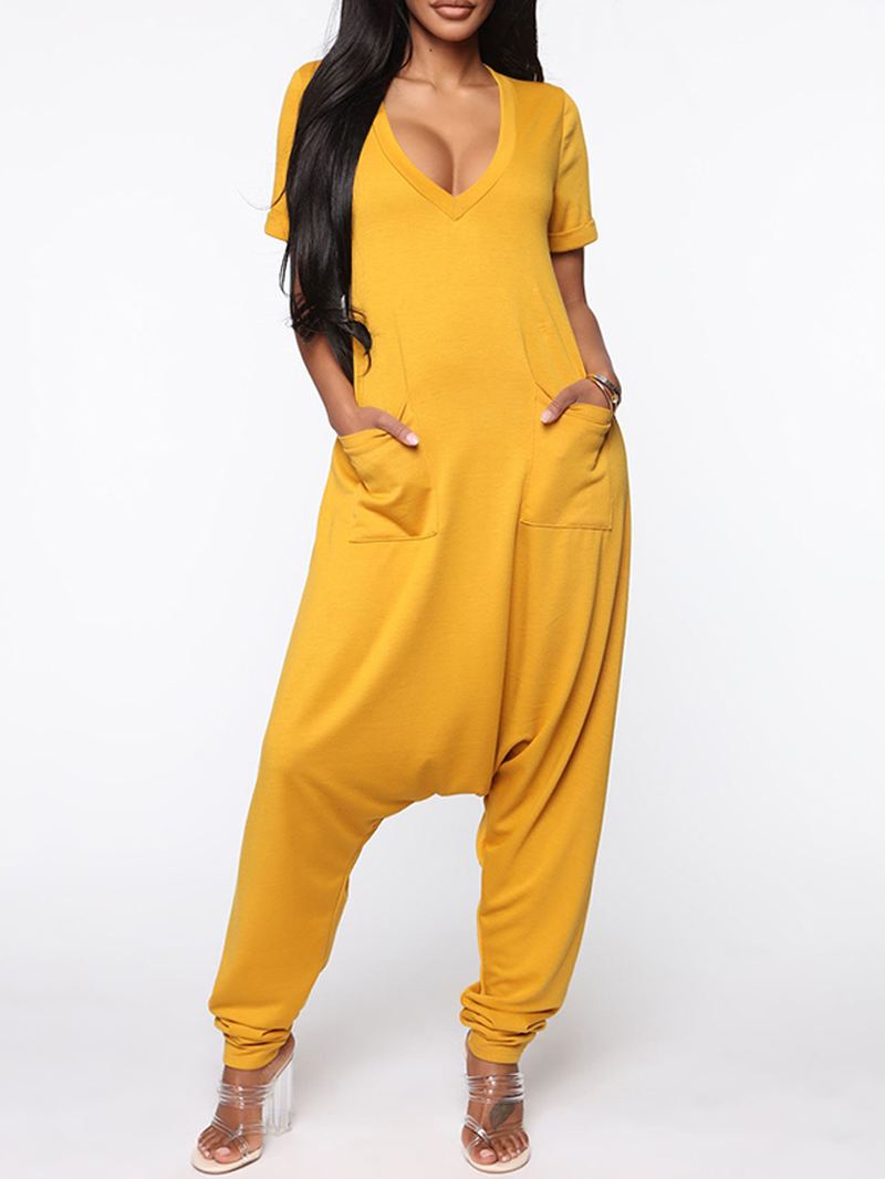 Kvinder Kortærmet V-hals Løs Pocket Harem Jumpsuits