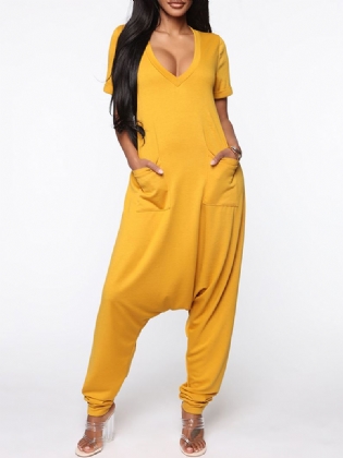 Kvinder Kortærmet V-hals Løs Pocket Harem Jumpsuits