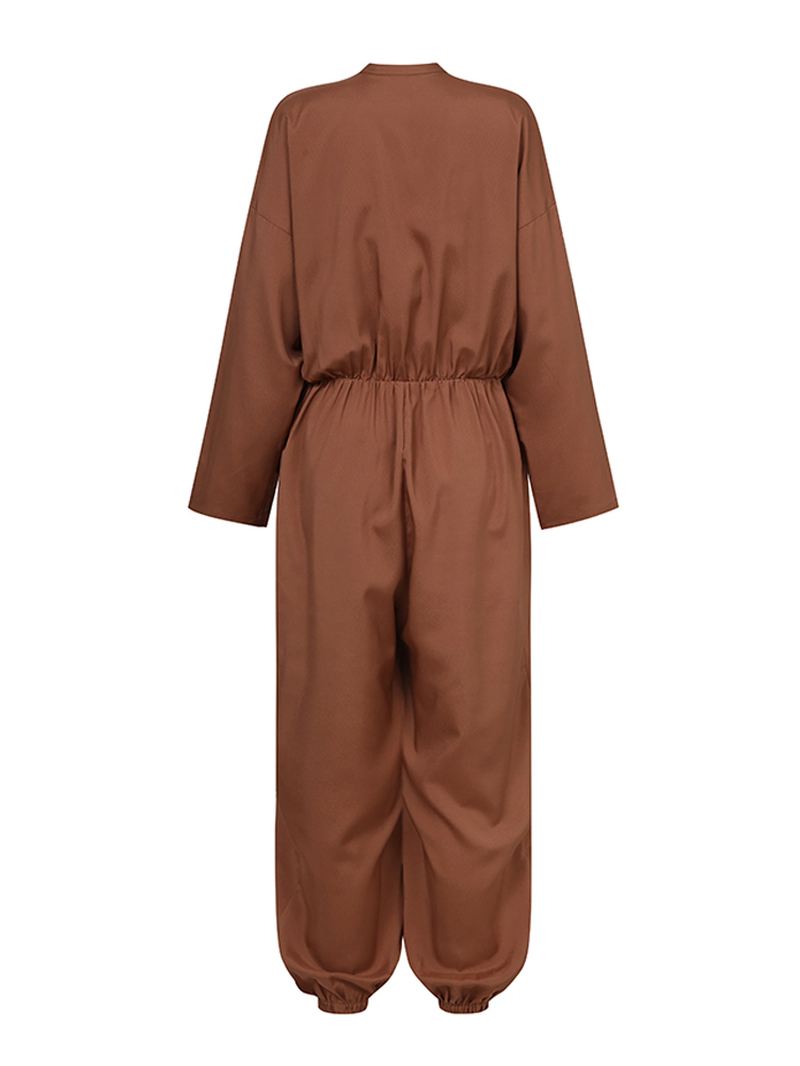 Kvinder Zip Front Langærmet Beam Feet Cargo Ensfarvede Jumpsuits Med Lomme