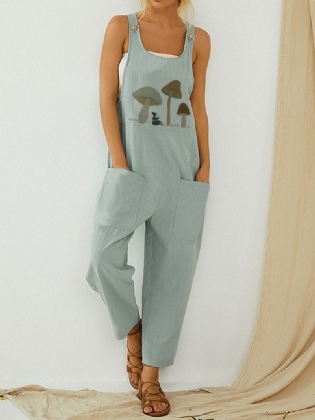 Mushroom Med Tryk Straps Ærmeløse Patchwork Lommeknap Casual Jumpsuit Til Kvinder