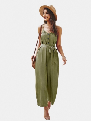 Straps Causal Tie Talje Ensfarvet Løs Jumpsuit Til Kvinder