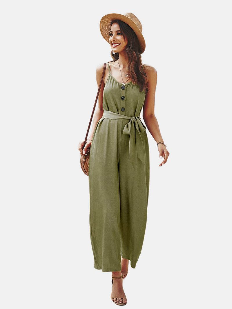 Straps Causal Tie Talje Ensfarvet Løs Jumpsuit Til Kvinder