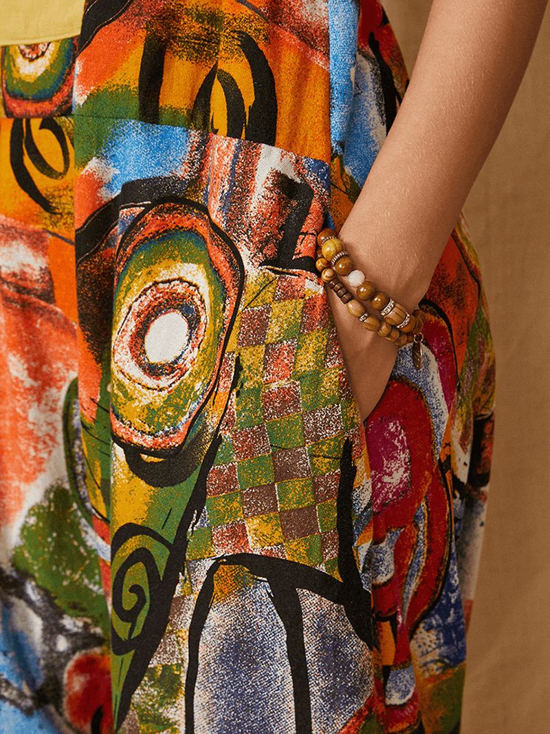 Vintage Graffiti Med Tryk Patchwork Strap Ærmeløs Pocket Jumpsuit