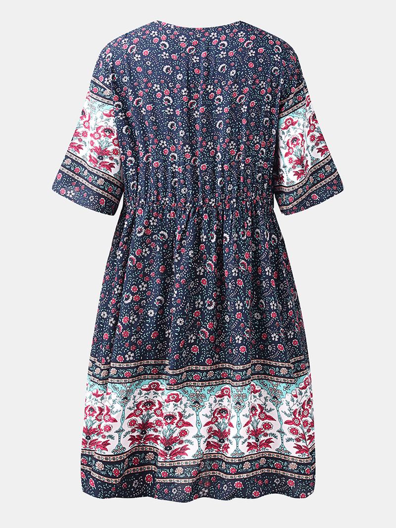 Bohemia Floral Etnisk V-hals Knap Kortærmet Med Tryk Kjole