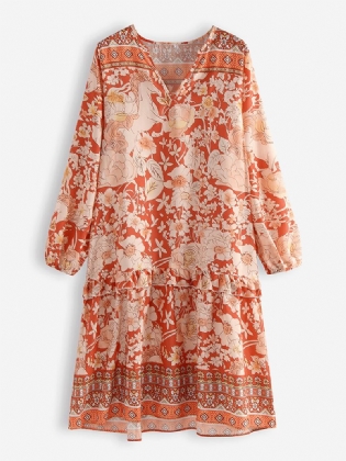 Bohemian Floral Med Tryk Patch V-hals Løs Casual Kjole
