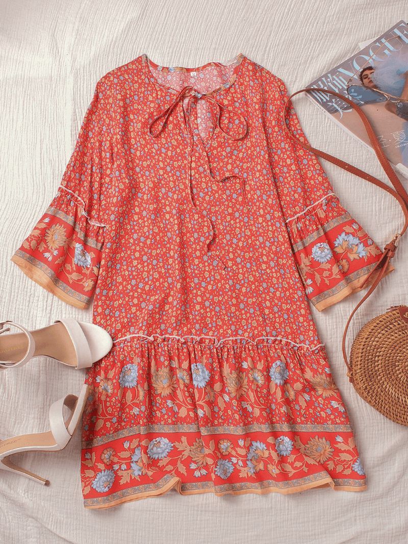 Bohemian Floral Med Tryk V-hals Summer Beach Mini Kjole