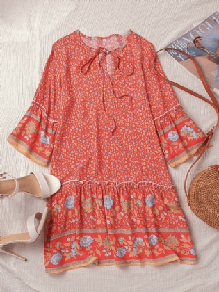Bohemian Floral Med Tryk V-hals Summer Beach Mini Kjole