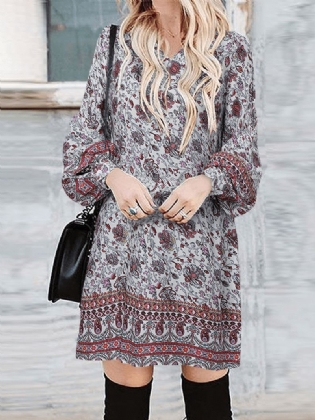 Bohemian Kvinder Blomsterprint V-hals Puf Ærmer Knap Manchetter Casual Mini Kjole