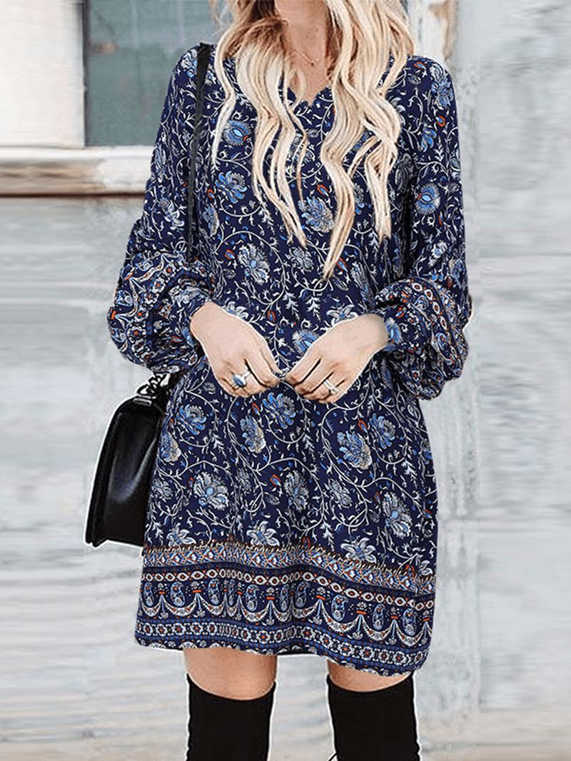 Bohemian Kvinder Blomsterprint V-hals Puf Ærmer Knap Manchetter Casual Mini Kjole