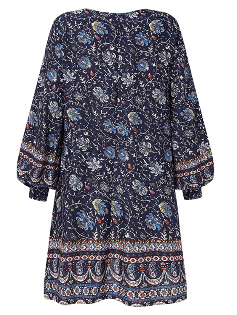 Bohemian Kvinder Blomsterprint V-hals Puf Ærmer Knap Manchetter Casual Mini Kjole