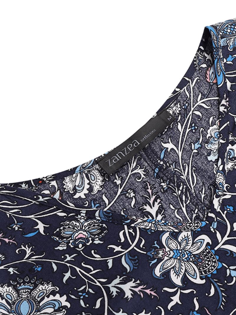 Bohemian Kvinder Blomsterprint V-hals Puf Ærmer Knap Manchetter Casual Mini Kjole