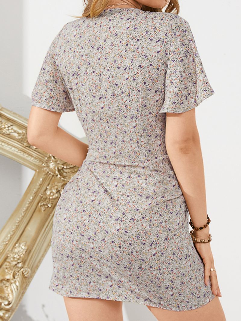Daglig Afslappet Floral Indpakket Krop Tie V-hals Kort Trykt Mini Kjole