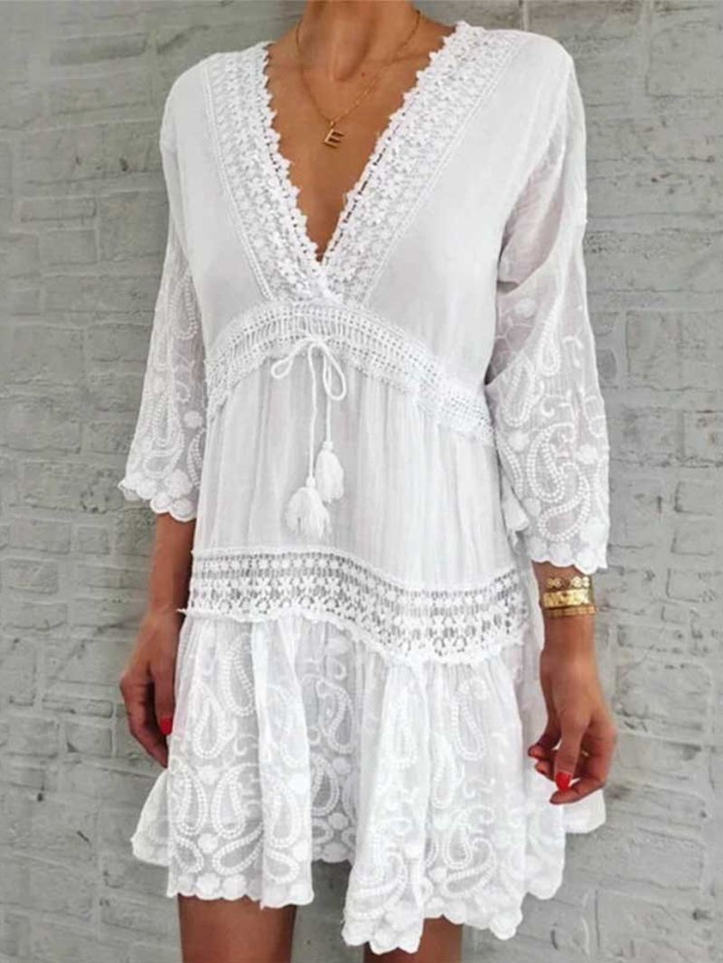Kvinder Blomster Med Tryk Plunge Tie Front 3/4-ærmet Blonde-minikjoler