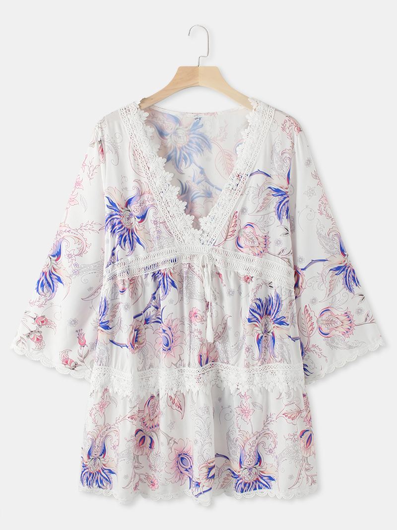 Kvinder Blomster Med Tryk Plunge Tie Front 3/4-ærmet Blonde-minikjoler