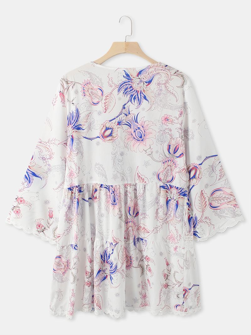Kvinder Blomster Med Tryk Plunge Tie Front 3/4-ærmet Blonde-minikjoler