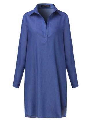 Kvinder Casual V-hals Denim Blå Jean Fold Sleeve Mini Kjole