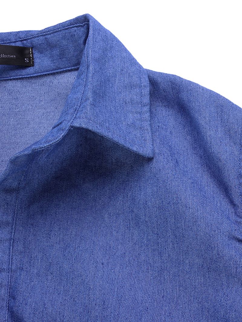 Kvinder Casual V-hals Denim Blå Jean Fold Sleeve Mini Kjole