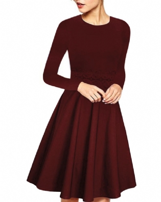Kvinder Elegant Langærmet Lace Patchwork Midi A Line Kjole