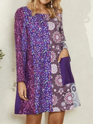 Kvinder Etnisk Stil Med Tryk Colorblock Langærmet Mini Kjole Med Lomme
