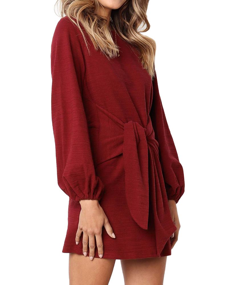 Kvinder Langærmet Rund Hals Elegant Tie Talje Sweater Mini Kjole