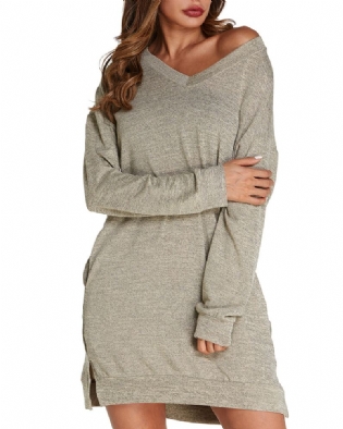Kvinder Langærmet Side Split Loose Casual Pullover Sweatshirt Kjole Med Lommer