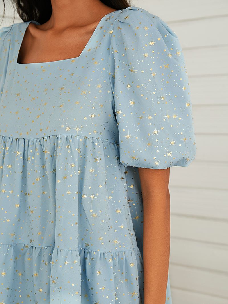 Kvinder Star Med Tryk Firkantet Hals Tilbage Lace-up Layered Kortærmet Mini Kjole