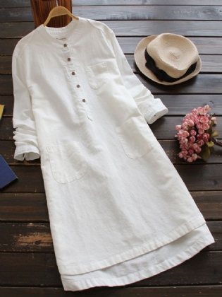 Kvinder Vintage Langærmede Knapper Bomuld Mini Shirt Kjoler