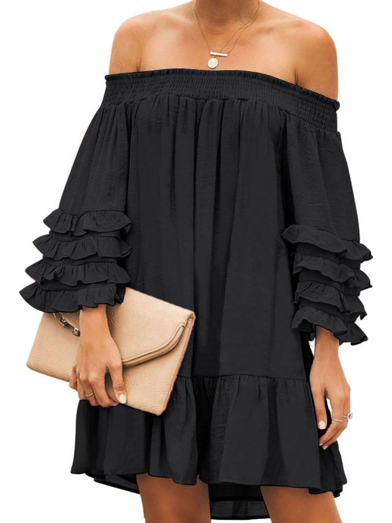 Off Shoulder Pleats Solide Afslappede Minikjoler Til Kvinder