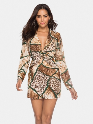 Snake Med Tryk Cross V-hals Plisseret Chiffon Mini Kjole