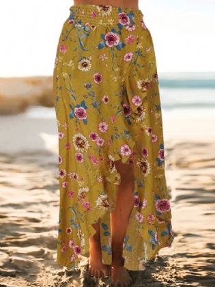 Bohemian Beach Blomsterprint Elastisk Talje Flæsekant Maxi-nederdele