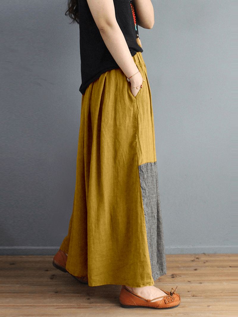 Dame Plaid Patchwork Elastisk Talje Swing Nederdel Med Lomme