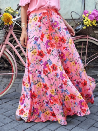Farverigt Blomsterprint Big Swing Elastisk Talje Holiday Casual Lang Nederdel Til Kvinder