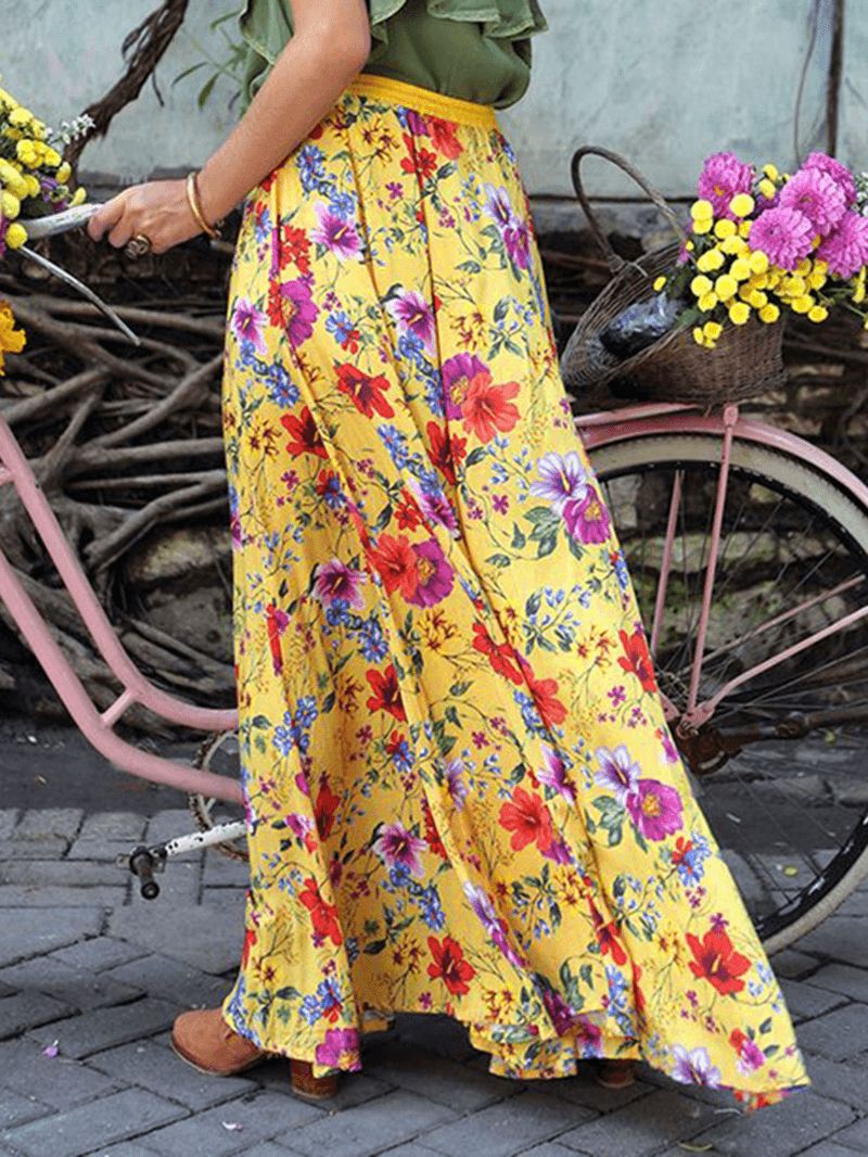 Farverigt Blomsterprint Big Swing Elastisk Talje Holiday Casual Lang Nederdel Til Kvinder