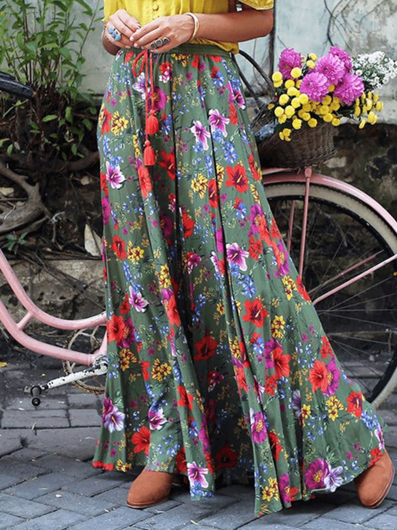 Farverigt Blomsterprint Big Swing Elastisk Talje Holiday Casual Lang Nederdel Til Kvinder
