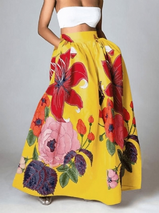 Kvinder Blomsterprint Casual Elastisk Højtaljet Holiday Maxi-nederdele Med Lomme