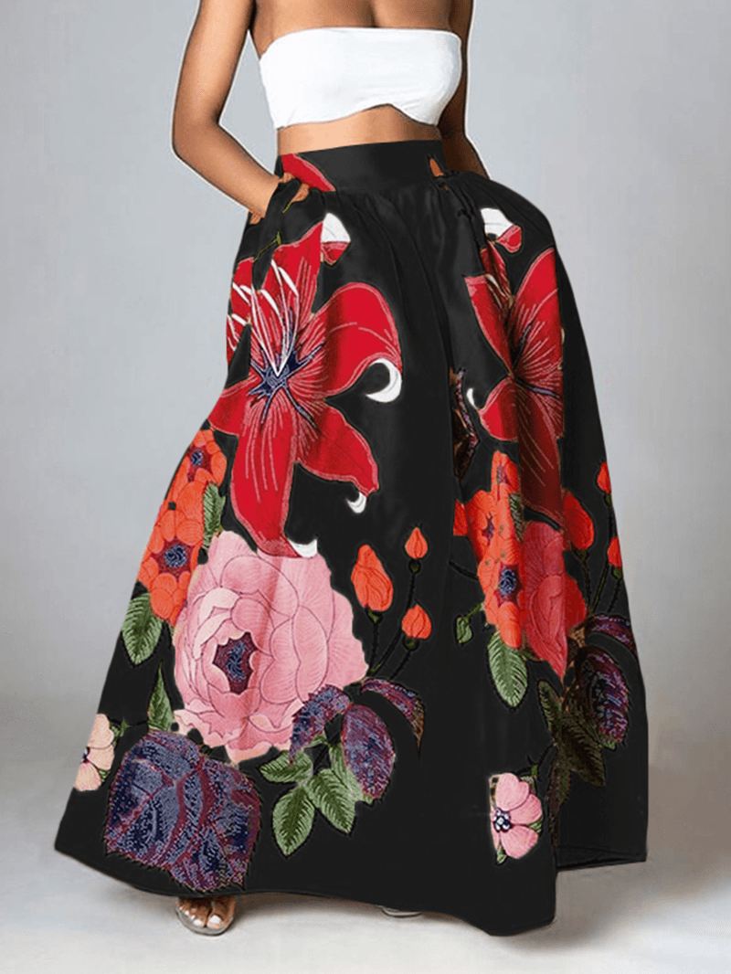 Kvinder Blomsterprint Casual Elastisk Højtaljet Holiday Maxi-nederdele Med Lomme