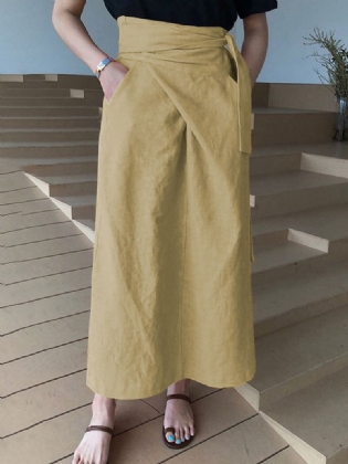 Kvinder Bomuld A-linje Casual Bælte Højtaljede Maxi-nederdele Med Lomme