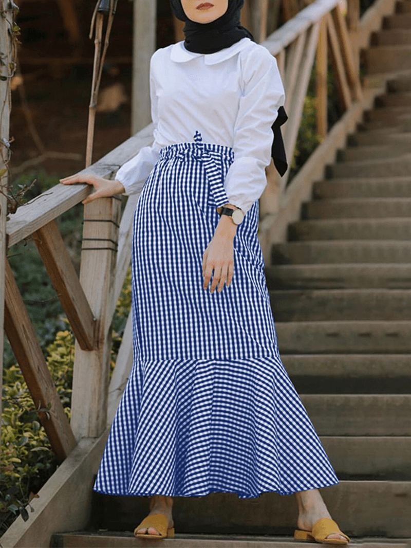 Kvinder Grid Printed Lace-up Fishtail Hem Side Lynlås Casual Nederdel Med Lomme